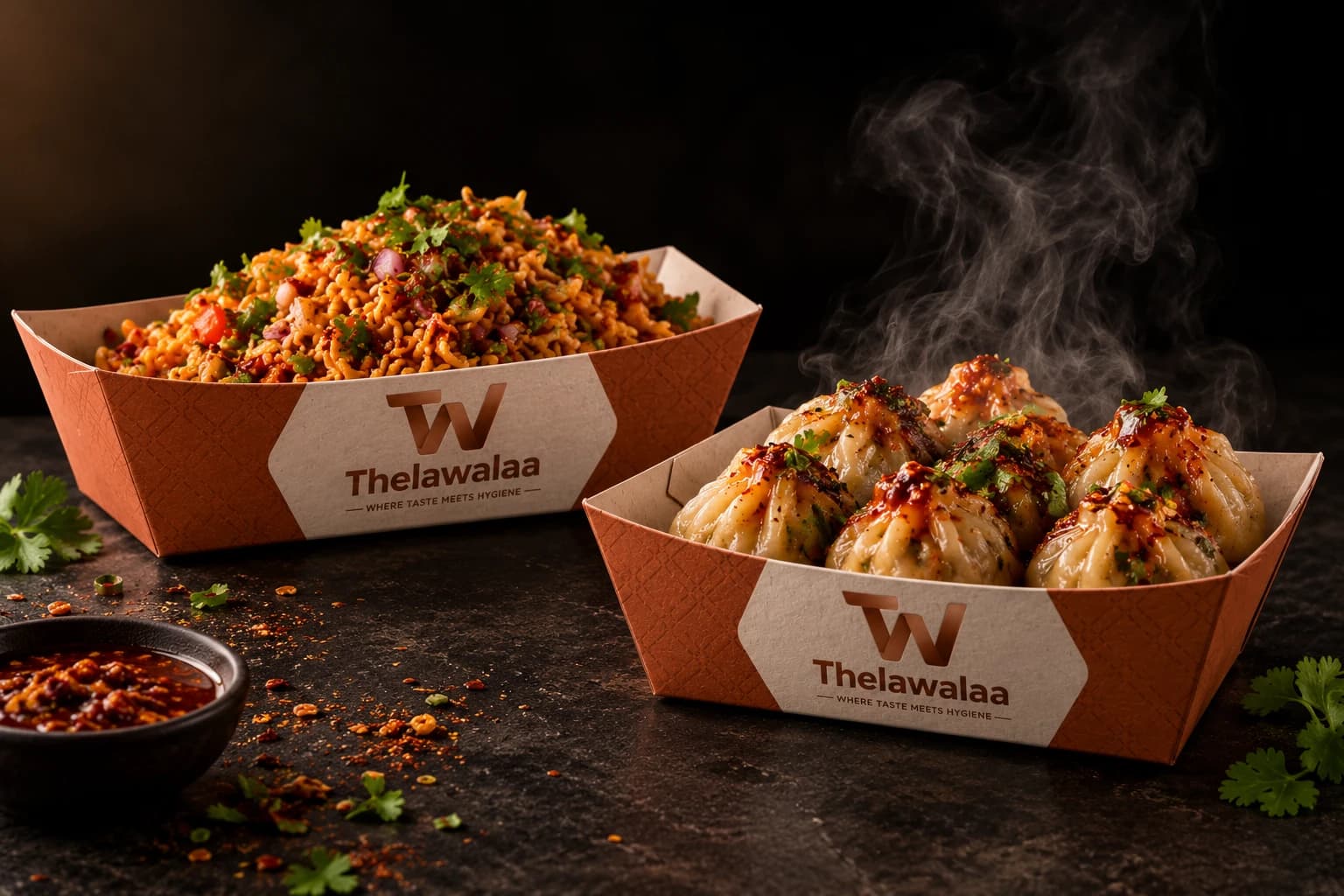 Thelawalaa chatpate and steaming momo in branded takeaway boxes